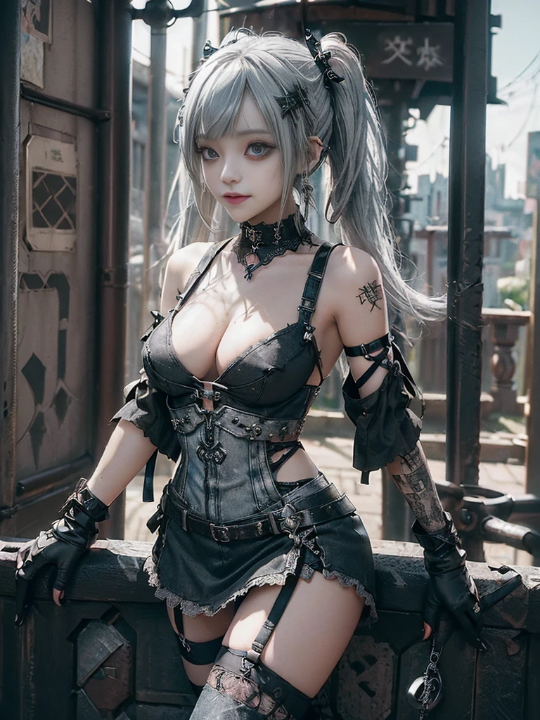 (Smiling with teeth showing:1.3),(Shibuya Gal:1.5)、(Gothic ta style fashion:1.5)、(Punk RockVisual Kei:1.4)、(Brown color denim and black medieval royal mini skirt dress:1.5)、(Brown denim and black medieval arm covers and bustier:1.5)、(Brown high heels:1.3)、(Wearing silver accessories:1.5)、(Brown lace collar:1.4)、(Black Leather Garter Belt:1.4)、(Brown Skin Belt:1.3)、(Black lace underwear:1.5)、20-year-old、NSFW、((Highest quality、In 8K、masterpiece:1.3))、Sharp focus:1.2、(Layered Cut、Huge boobs:1.1),Beautiful woman with perfect figure:1.4、(Dancing vigorously:1.3)、Slender Abs:1.2、Highly detailed face and skin texture、Detailed eyes、double eyelid,(Twin tails:1.3)、(Light silver colored hair:1.3)、Gravure idol、(The Caribbean cityscape in the background:1.3)、(Slim body:1.2),(Make your legs thinner:1.4),(clavicle:1.1)
