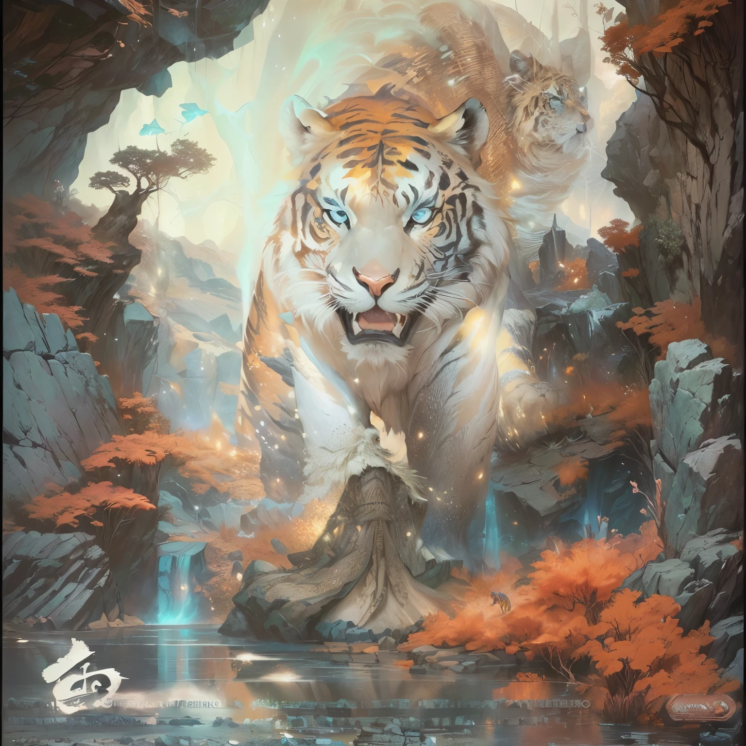  un tigre sobre una roca, epic full color illustration, 2D digital fantasy art, y mumford tom bagshaw, detailed 2D digital fantasy art, Fantasy graphic novel style., full color illustration, gran arte digital con detalles, inspirado en Magali Villeneuve, Epic graphic novel wallpaper.
