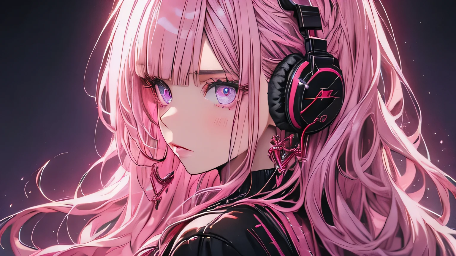Red Flow, 1 Girl, alone, Long Hair, Looking at the audience, Blue Eyes Background, White Background, jewelry, Mouth closed, Jacket, Upper Body, Pink Hair, Earrings, Pink Eyes, necklace, From the side, sweater, lips, eyelash, Compensate, Wavy Hair, Earrings, cross, lipstick, ear Earrings, eye shadow, hoop Earrings, pink lips, Variegated eyes, Pink Theme, , pink eye shadow,Put on your headphones。