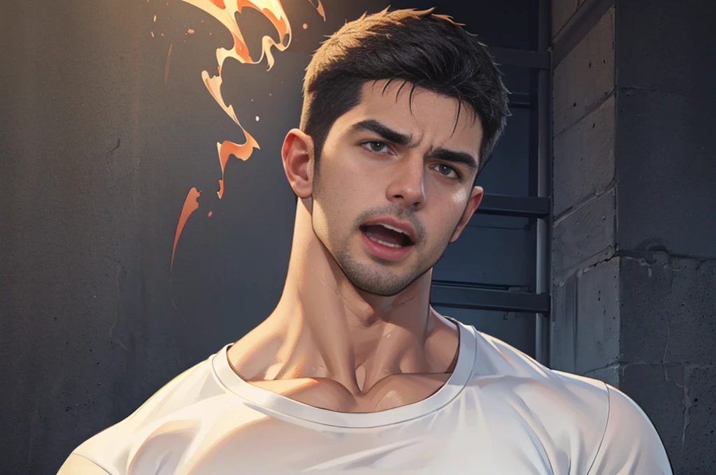 (Create a masterpiece: 1.2),(CGI art:1.3),(realistic:1.5),(After processing:1.3),(Sharp focus:1.3),1 man , straight, front ,Chris Redfield , smile, (round neck T-shirt:1.2) ,Wear color navy round neck T-shirt with a police badge: 1.2), Navy blue jeans, Korean guy , korean men, (High gloss details), chest muscles, large arm muscles, blood vessel, Big muscles, Broad shoulders, looking at the audience, Balancing the eyes, middle of the road ,dark black gloomy hallway in the background, detailed face, shadow, volumetric lighting ,(open mouth:1.6),(Fire blazes behind)
