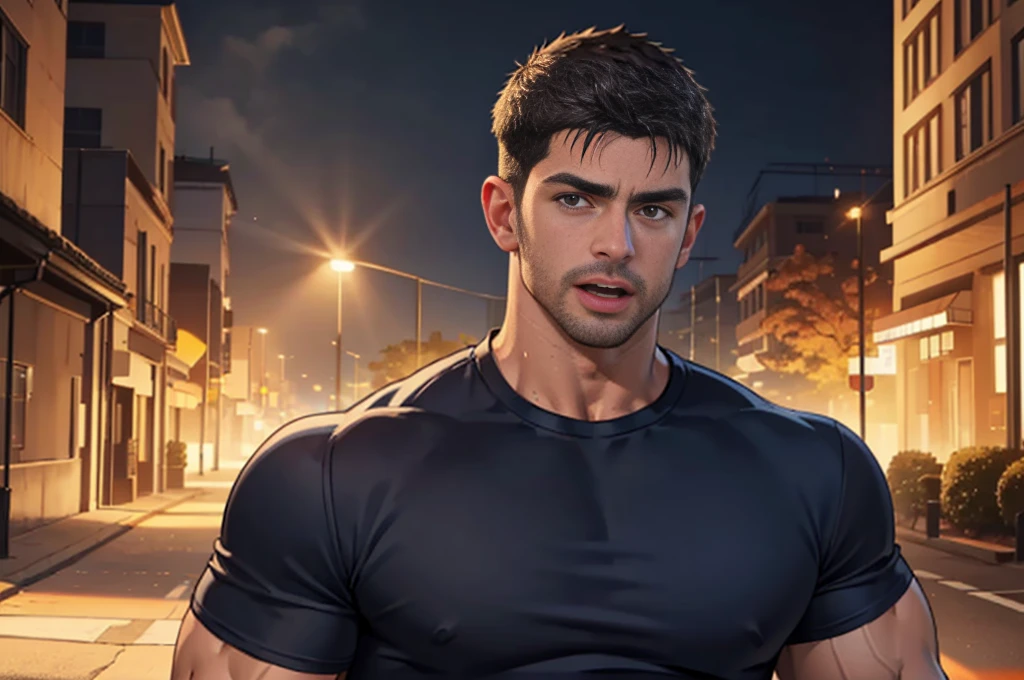 (Create a masterpiece: 1.2),(CGI art:1.3),(realistic:1.5),(After processing:1.3),(Sharp focus:1.3),1 man , straight, front ,Chris Redfield , smile, (round neck T-shirt:1.2) ,Wear color navy round neck T-shirt with a police badge: 1.2), Navy blue jeans, Korean guy , korean men, (High gloss details), chest muscles, large arm muscles, blood vessel, Big muscles, Broad shoulders, looking at the audience, Balancing the eyes, middle of the road ,dark black gloomy hallway in the background, detailed face, shadow, volumetric lighting ,(open mouth:1.6),(Fire blazes behind)