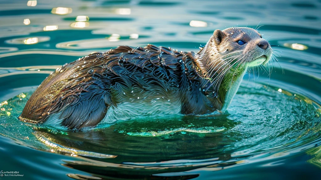 Create a digital artwork featuring a dew-covered otter with a highly detailed, reflective water droplet that contains an entire world within it, showcasing the concept of macro photography and surrealism.