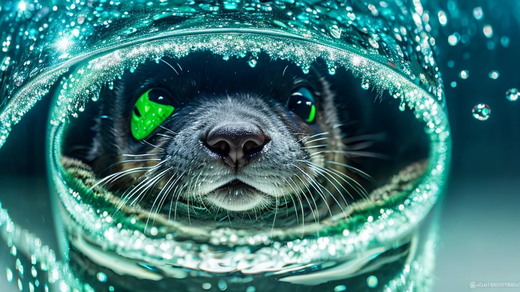 Create a digital artwork featuring a dew-covered otter with a highly detailed, reflective water droplet that contains an entire world within it, showcasing the concept of macro photography and surrealism.