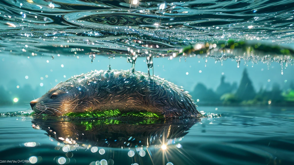 Create a digital artwork featuring a dew-covered otter with a highly detailed, reflective water droplet that contains an entire world within it, showcasing the concept of macro photography and surrealism.