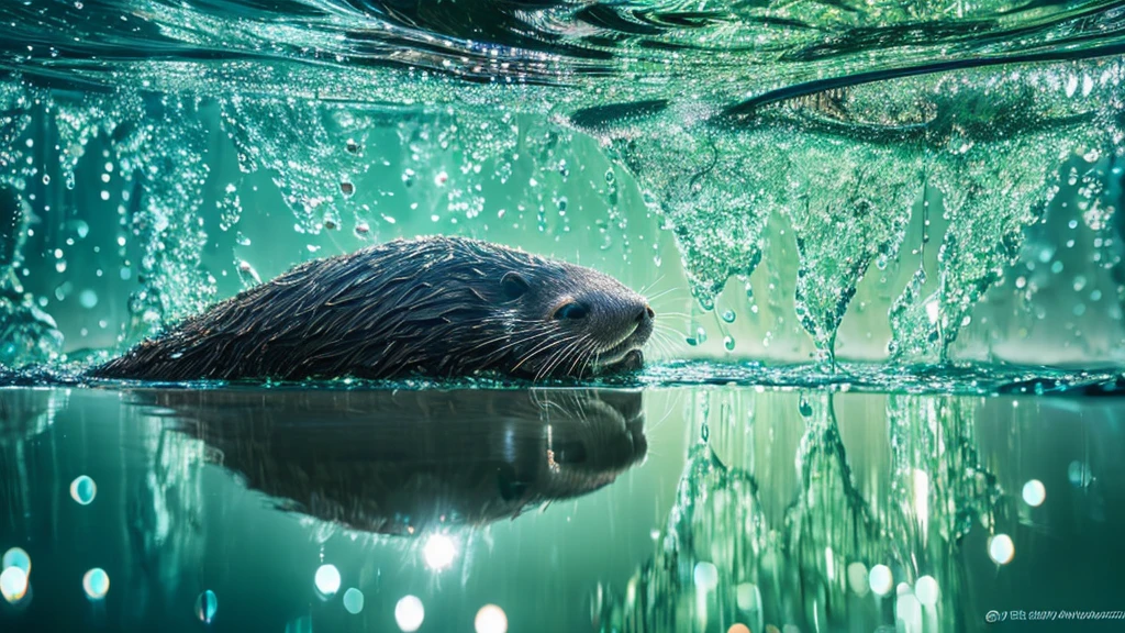 Create a digital artwork featuring a dew-covered otter with a highly detailed, reflective water droplet that contains an entire world within it, showcasing the concept of macro photography and surrealism.