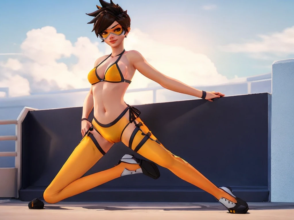 Tracer from overwatch is wearing a slutty bikini and posing for a porn. yellow open-toed heels, visible feet, highly detailed feet, spread legs, sexy pose, front view, blushing, freckles, looking at viewer, small breasts,