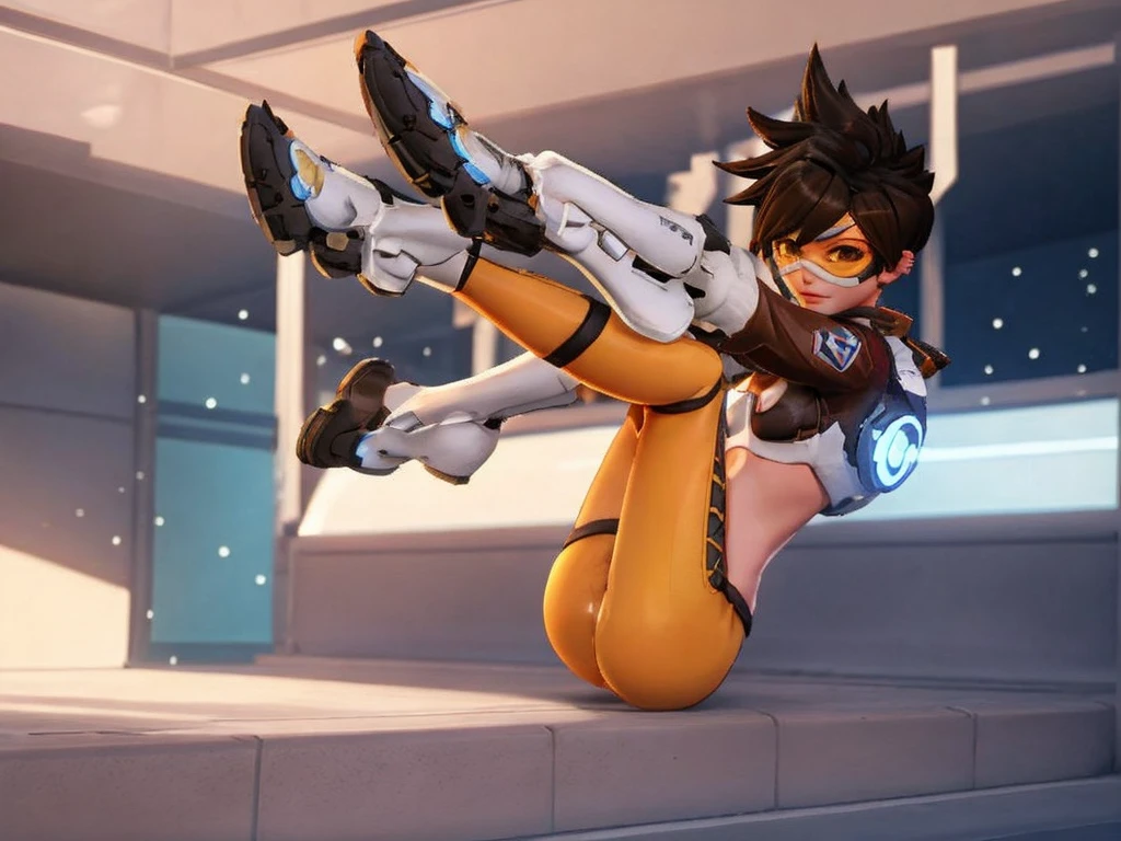 Tracer from overwatch is wearing a slutty bikini and posing for a porn. yellow open-toed heels, visible feet, highly detailed feet, spread legs, sexy pose, front view, blushing, freckles, looking at viewer, small breasts,