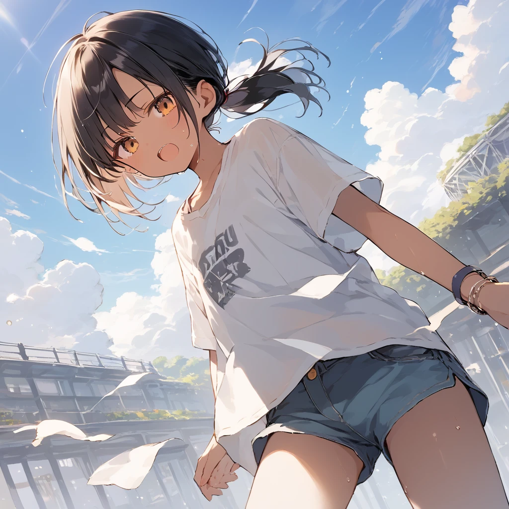 score_9, score_8_up, score_7_up, source_anime, best quality, masterpiece, official art, absurdres, highres, ultra-detailed,waifu2x,Collection: Slice of Life,break,1girl, tomboy, dark-skinned female, short hair, low ponytail, flat chest, beautiful detailed eyes, ninja, bike shorts, sweat, open mouth, (yawn:0.3), sleepily, outdoors, wind, break,(clear line illustration:1.2),very high resolution, very aesthetic, super detailed skin, Best sexual lighting powered by famous artist, 8k,cute picture,beauty illustration,photoshop_(medium),,(Detailed Lighting),best anime 8k konachan wallpaper, pixiv contest winner,