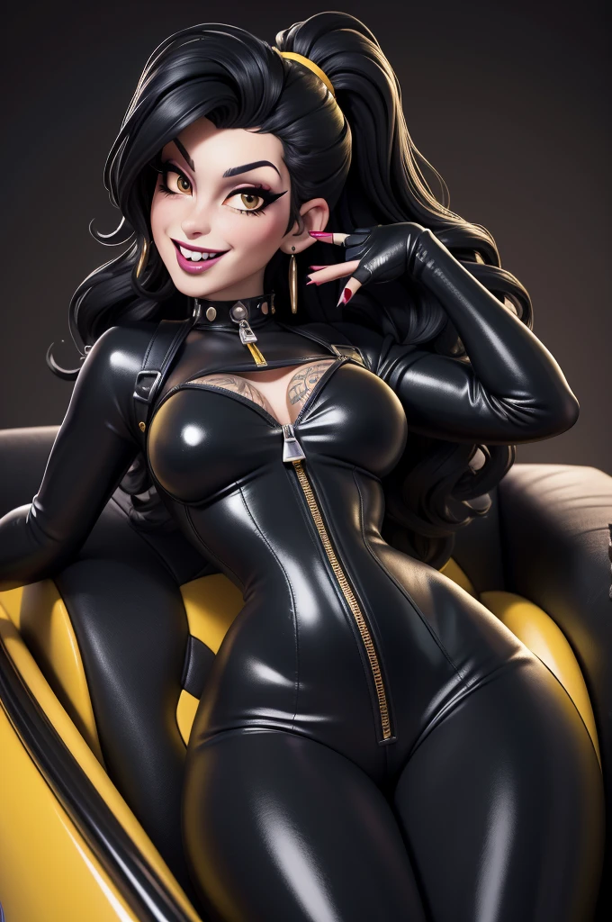 obra prima, melhor qualidade, (amy winehouse vamp 70yo face wrinkles) head back, sassy wicked girl, big toothy smile, open mouth, (shiny fat black lipstick,) thick smoky black eye shadow, long fake eyelashes, raven black mullet hair, ((totally yellow leather body suit,)) with studs zippers snaps, shiny leather gloves, body is skinny, reclining in car seat, dazzle pose, pinup pose, arched back, hips twisted, overhead camera view, looking down at me, shallow depth of field, highres, HD, 8k, anatomically correct