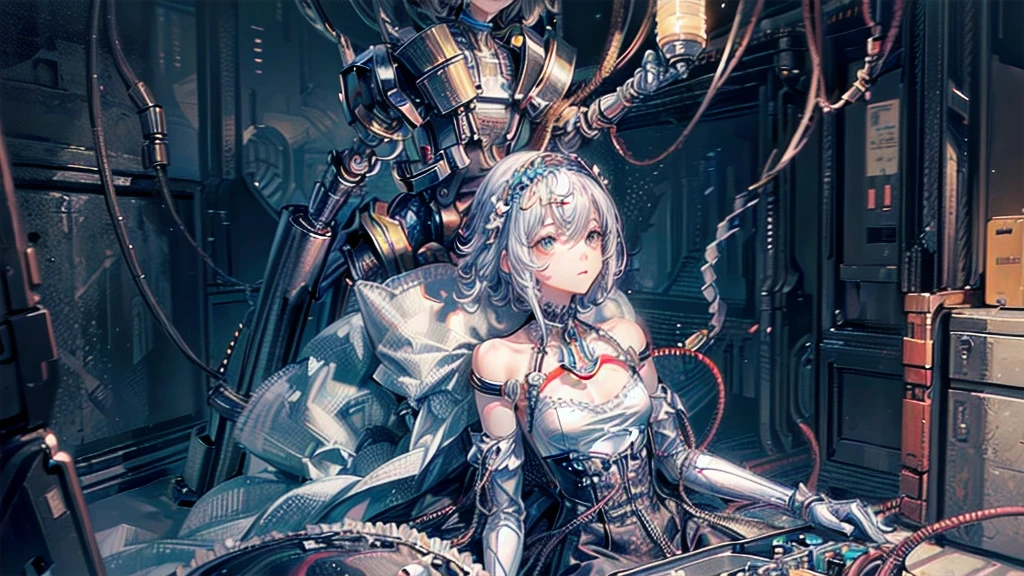(((masterpiece))), (((Highest quality))), ((Very detailed)), (Highly detailed CG illustrations), ((Very delicate and beautiful)),(Cute and delicate face),Light,((1. Machine Girl)),alone,whole body,(Machine made joints:1.4),((Mechanical Limbs)),(Muscle swelling),(The container is connected to a tube),(Brain in a container:1.3),((Mechanical vertebrae attached to the back)),((Mechanical cervical vertebrae attached to the neck)),((Sitting)),poker face,(Wires and cables attached to head and body:1.5),Small breasts,short hair,(Character Focus),SF,Lying down,Dark shortcuts,Shortcuts for centering,A devastated society,alone,