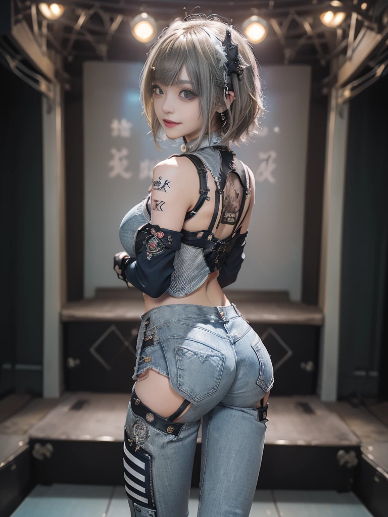 (Full Body View:1.4)、(Back view:1.3)、(Show your ass:1.4)、(Thong:1.2)、(Smiling with teeth showing:1.3),(Shibuya Gal:1.5)、(Gothic Lolita style fashion:1.5)、(Punk RockVisual Kei:1.5)、(Wearing a futuristic bodysuit with intricate details:1.4)、(Racing suit and pants in white and denim with delicate decorations:1.5)、(Denim and light blue and white boots:1.3)、((belt))、(Numerous delicate logo marks all over the costume:1.4)、(collar:1.3)、(Striped underwear:1.5)、20-year-old、NSFW、((Highest quality、In 8K、masterpiece:1.3))、Sharp focus:1.2、(Layered Cut、Huge boobs:1.1),Beautiful woman with perfect figure:1.4、(Doing an aerobics pose:1.3)、Slender Abs:1.2、Highly detailed face and skin texture、Detailed eyes、double eyelid,(Short Bob Hair:1.3)、(Brown-golden hair:1.3)、Gravure idol、(The background is the stage of the fashion show:1.3)、(Slim body:1.3),(Make your legs thinner:1.4),(clavicle:1.1)