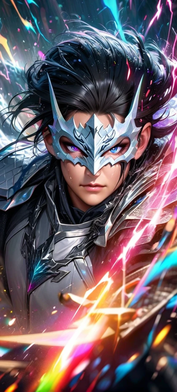 High quality, ultra realistic,absurdres, highres, ultra detailed, HDR, masterpiece, extremely detailed face and eyes,  white dragon knight, dragon knight mask,,colorful Black hair , , solo, ,man, handsome, , , Epic fight scene, colorful splashing effect,colorful lightning  effect,glowing glitters , 