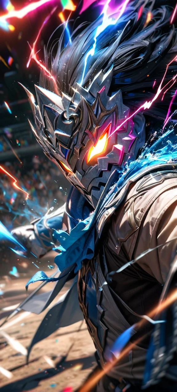 High quality, ultra realistic,absurdres, highres, ultra detailed, HDR, masterpiece, extremely detailed face and eyes,  white dragon knight, dragon knight mask,,colorful Black hair , , solo, ,man, handsome, , , Epic fight scene, colorful splashing effect,colorful lightning  effect,glowing glitters , 