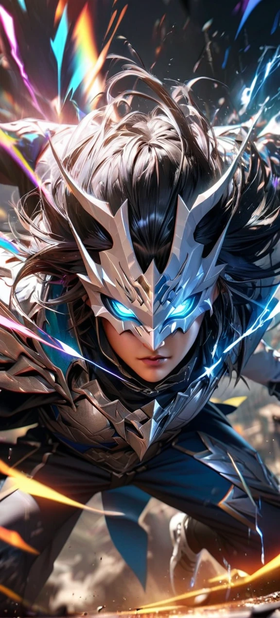 High quality, ultra realistic,absurdres, highres, ultra detailed, HDR, masterpiece, extremely detailed face and eyes, white dragon knight, dragon knight mask,,colorful Black hair , , solo, ,man, handsome, , , Epic fight scene, colorful splashing effect,colorful lightning effect,glowing glitters ,
