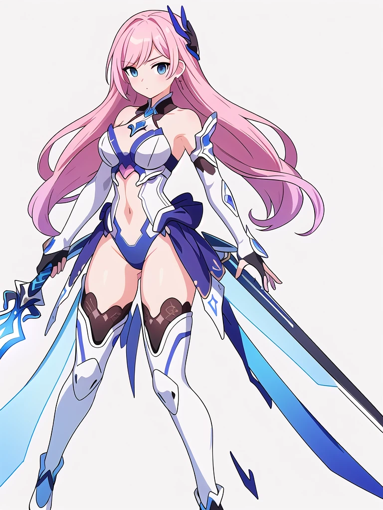 (((Best Quality))) , ((full body)), An adult female, (((white background))), variety of hairstyles, variety of design, gauntlets, leotard, body stocking, (cropped shoulders), sword, holding sword, gloves, stand posture, ((skyblue theme costume)), pink hair,
