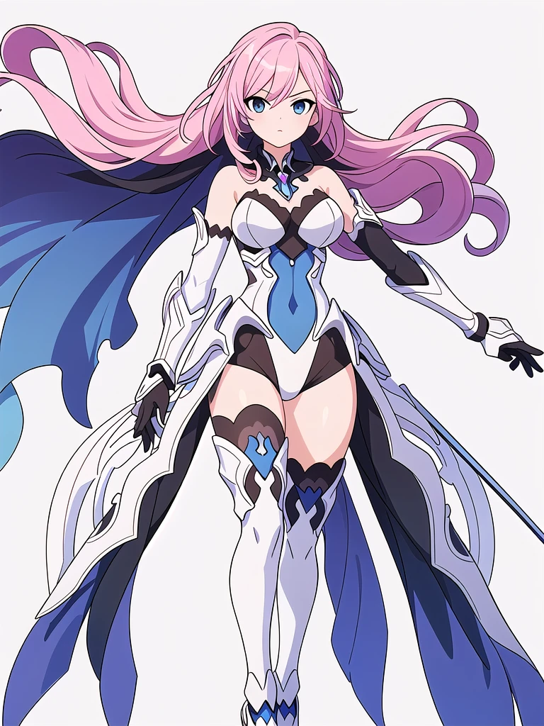 (((Best Quality))) , ((full body)), An adult female, (((white background))), variety of hairstyles, variety of design, gauntlets, leotard, body stocking, (cropped shoulders), sword, holding sword, gloves, stand posture, ((skyblue theme costume)), pink hair,
