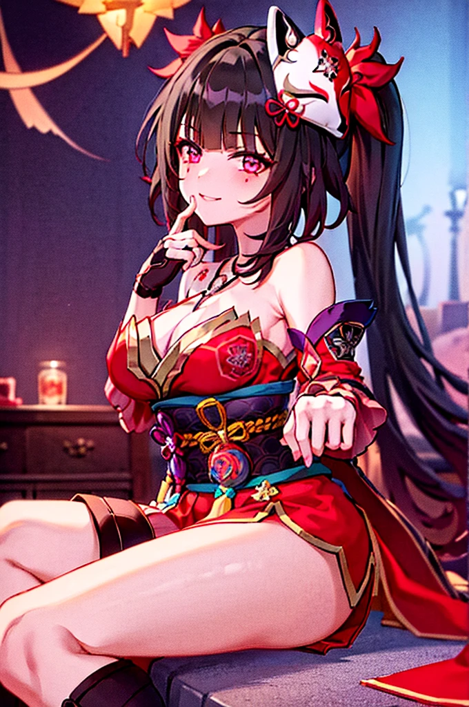 1girl, fire sparks (Honkai: Starchasm), twin tails, hair accessories, alone, off-shoulder kimono, mask on head, detached sleeves, necklace, heart, single glove, wrist cuff, crossed suspenders, thigh highs, blushing, sitting, cowboy shooting, living room, panting, ecstatic, captivating smile, gazing at viewer, hand on her own face, masterpiece