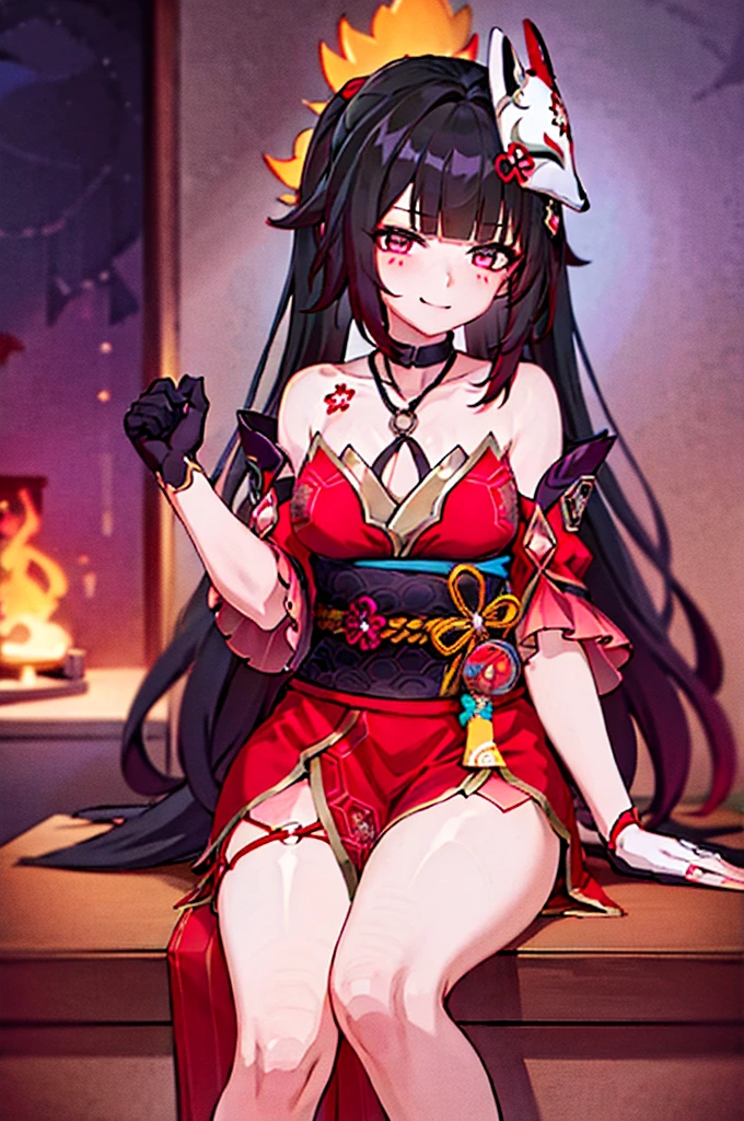 1girl, fire sparks (Honkai: Starchasm), twin tails, hair accessories, alone, off-shoulder kimono, mask on head, detached sleeves, necklace, heart, single glove, wrist cuff, crossed suspenders, thigh highs, blushing, sitting, cowboy shooting, living room, panting, ecstatic, captivating smile, gazing at viewer, hand on her own face, masterpiece