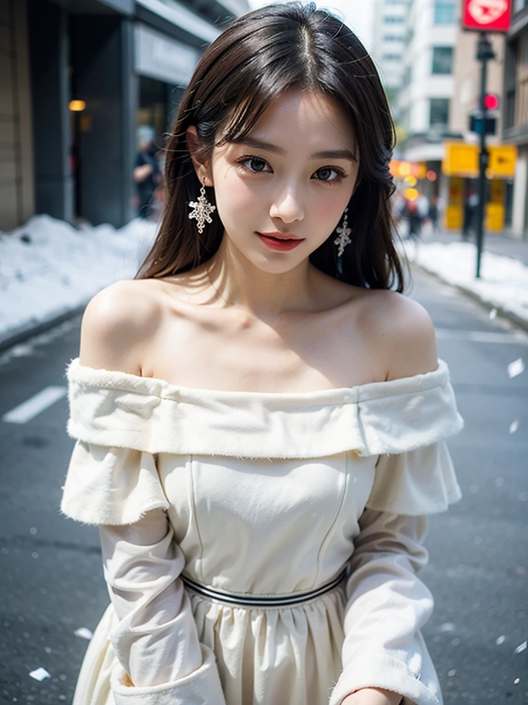 8k，tmasterpiece、quality、ultra - detailed、Master workarilyn Takiocus on the thighs and above，Clear face，（Best quality）， beuaty girl：1.5、((Red fluffy off-shoulder dress style))，long hair fluttering，Snowflake earrings、snowflakes falling、bblurry、the street，
