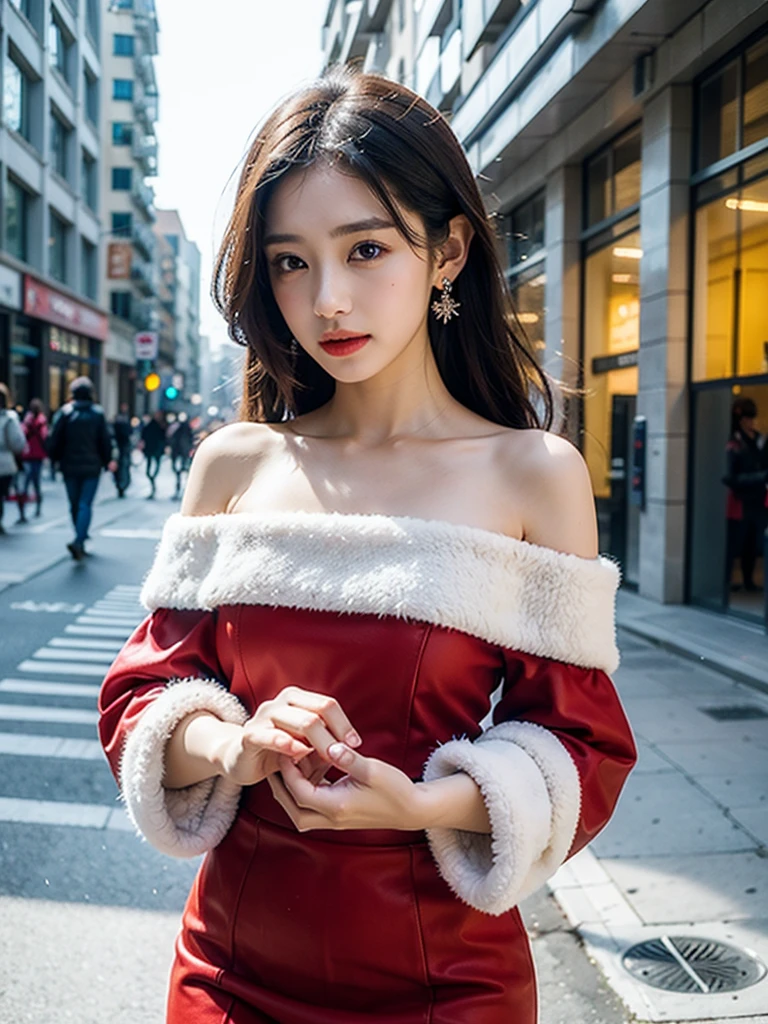 8k,tmasterpiece、quality、ultra - detailed、Master workarilyn Takiocus on the thighs and above,Clear face,(Best quality), beuaty girl:1.5、((Red fluffy off-shoulder dress style)),long hair fluttering,Snowflake earrings、snowflakes falling、bblurry、the street,