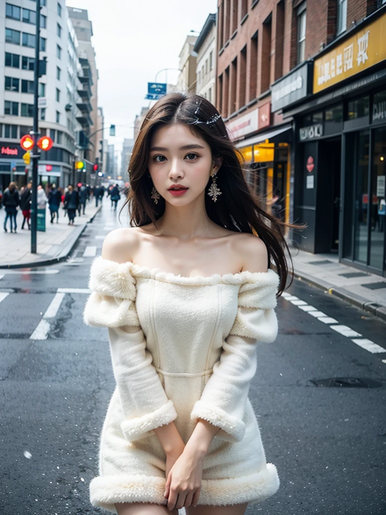 8k,tmasterpiece、quality、ultra - detailed、Master workarilyn Takiocus on the thighs and above,Clear face,(Best quality), beuaty girl:1.5、((Red fluffy off-shoulder dress style)),long hair fluttering,Snowflake earrings、snowflakes falling、bblurry、the street,