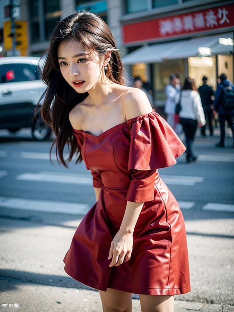 8k,tmasterpiece、quality、ultra - detailed、Master workarilyn Takiocus on the thighs and above,Clear face,(Best quality), beuaty girl:1.5、((Red fluffy off-shoulder dress style)),long hair fluttering,Snowflake earrings、snowflakes falling、bblurry、the street,