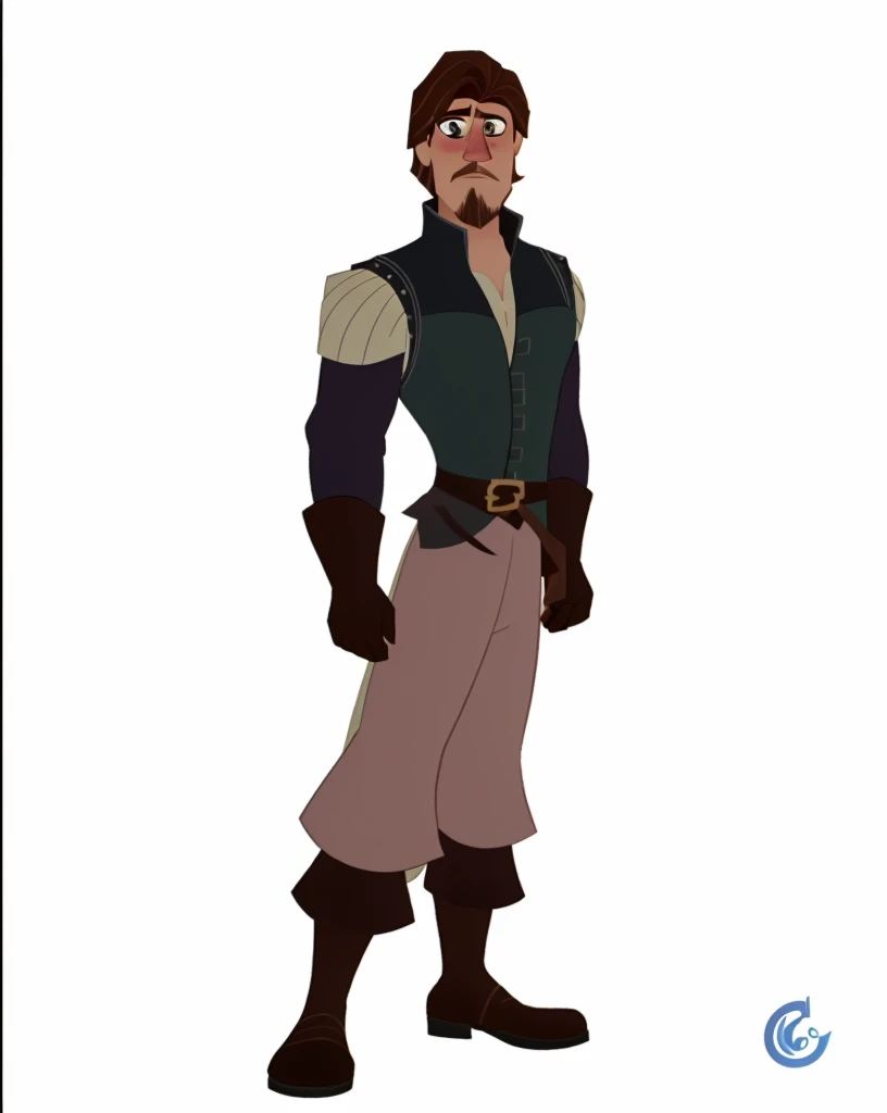 in the 2d style of Disney's Rapunzel's tangled adventure. Cartoony, colorful, painted. outlines, warm tones nice beard, A African-American man with a low, short hair and a dark brown eyepatch. Dress him in clothing that reflects the era of Tangled: breeches, a tunic, and a fitted vest in rich jewel tones. dark brown pants, cartoony nose, bleeding scar underneath eyepatch tall and skinny 