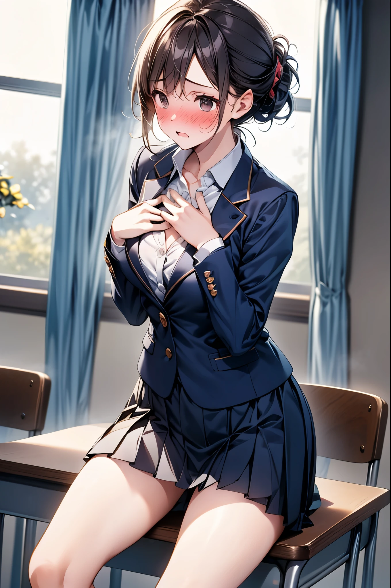 (1 person、solo), Beautiful woman, High definition beautiful black eyes、Anatomically perfect body, (Slender)、(High school girls), (Blazer uniform、White shirt, Pleated skirt), (Pussy juice:1.2),  (Look down), (Embrace your chest:1.2)、Leaning forward、************、(Highest quality)、Black Hair, (half updo:1.1), classroom、(8k, High resolution)、(shy:1.2)、Mid-chest, (steam:1.1), (embarrassed:1.4), show off nipples under shirt、(wide shot), (Inner thighs)