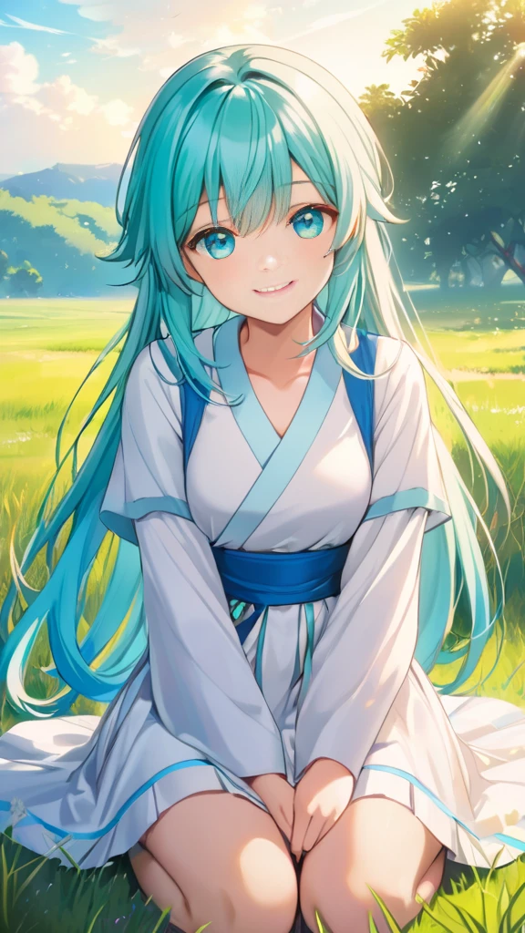 1 Female, Beautiful, Humble, Kind, long hair upper waist Stright, Aqua blue pupil eyes colour, Multi-haired Colours bright cyan Hairs, White Drees flowing with skirt, holding small brush sit on grass front smiling, Open grassland background in the morning. Anime style, vivid colours. 