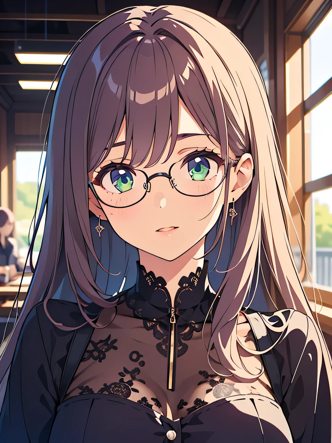 (masterpiece, best quality, 1girl, solo, intricate details, chromatic aberration), long hair, purple hair, purple head ornament, purple highlights, , ultra hireasterpiece, official art, beautiful, detailed face, green eyes, purple full flush hair, glasses, long eyelashes, delicated eyebrows, beautiful red lips, high detailed eyes,High detailed , hips up shot, wearing black lace blouse with blue buttons