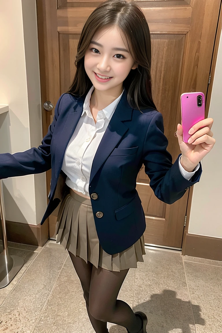 (8k), (highest quality: 1.2), (Realistic), (Realistic: 1.37), Ultra-high resolution, 1 girl, cute, smile, Mouth closed, Beautiful details, Beautiful Nose, whole body, Wet Hair, Giant Dulcefo, pork, Thighs，Selfie,Navel exposed,University Student Uniform,A simple blazer,Pleated skirt,Platform boots,Are standing, natural pantyhose 