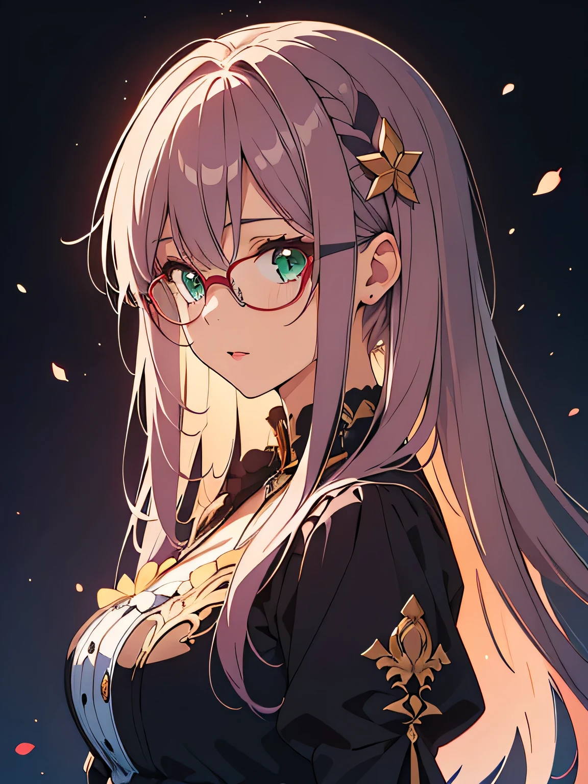 (masterpiece, best quality, 1girl, solo, intricate details, chromatic aberration), long hair, purple hair, purple head ornament, purple highlights, , ultra hireasterpiece, official art, beautiful, detailed face, green eyes, purple full flush hair, glasses, long eyelashes, delicated eyebrows, beautiful red lips, high detailed eyes,High detailed , hips up shot, wearing black lace blouse with blue buttons