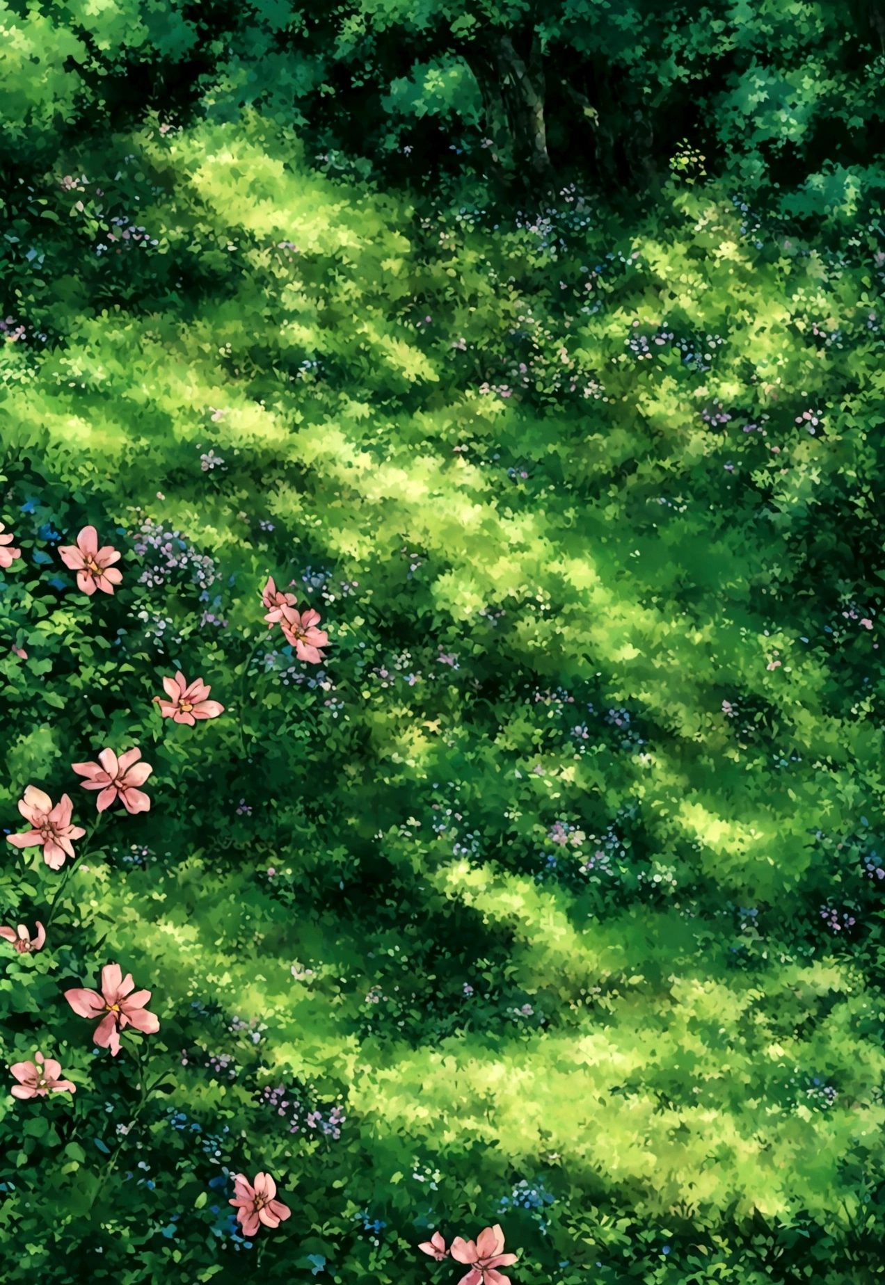 A massive plane crash site transformed by nature, with wildflowers blooming around it, and lush greenery creeping over the wreckage, located in a secluded forest glade. Soft light filtering through dense canopy, peaceful and abandoned. Anime nature, peaceful vibes, highly detailed, hd quality, natural look