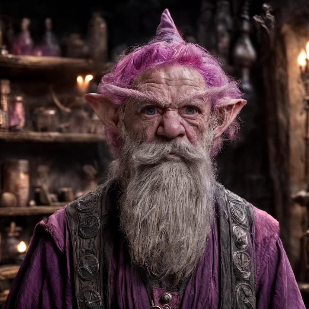(masterpiece)+, (extremely (realistic)+,a portrait of a extremely ugly male gnome arch-mage, pink hair, pink bushy brush-like brows, pink wizard cap. child-like facial fatures, troll ??? toy facial proportions, skin imperfections. massive silver beard, proud self-assured stare. Looking at camera. volumetrics dtx, Photorealistic, ultra detailed, Artstation trending, very very detailed, realistic shaded lighting, dynamic shadows, detailed Arcane laboratory background, upper body, professional photograph of a detailed skin, sharp focus, dramatic, award winning, cinematic lighting, octane render, unreal engine, volumetrics dtx, Photorealistic, ultra detailed, Artstation trending, very very detailed, hyperrealistic, fine details, realistic shaded lighting, dynamic shadows, Arcane laboratory background, add_detail:1, skin pores and wrinkles, details.,