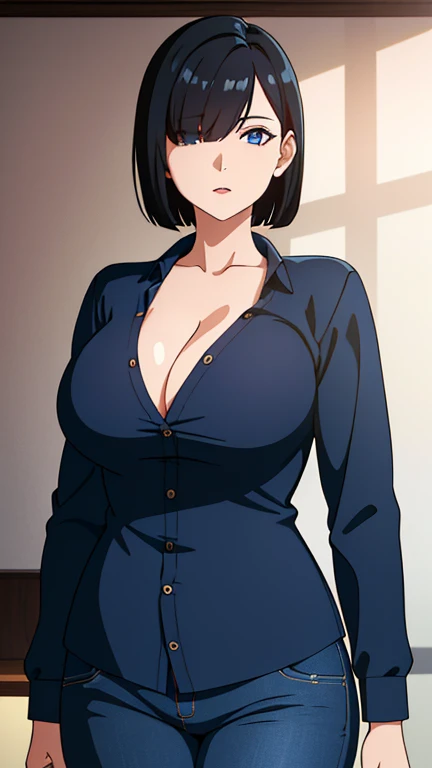 (Highest quality:1.5, High resolution, 超High resolution, 4K, Detailed lighting, Shaders), Black Hair, Bobcut, (Hair covering one eye), cool woman, woman, Narrow eyes, Sharp eyes, blue eyes, beautiful, Indoor Background, Casual clothing, , Diverse Perspectives、Cleavage