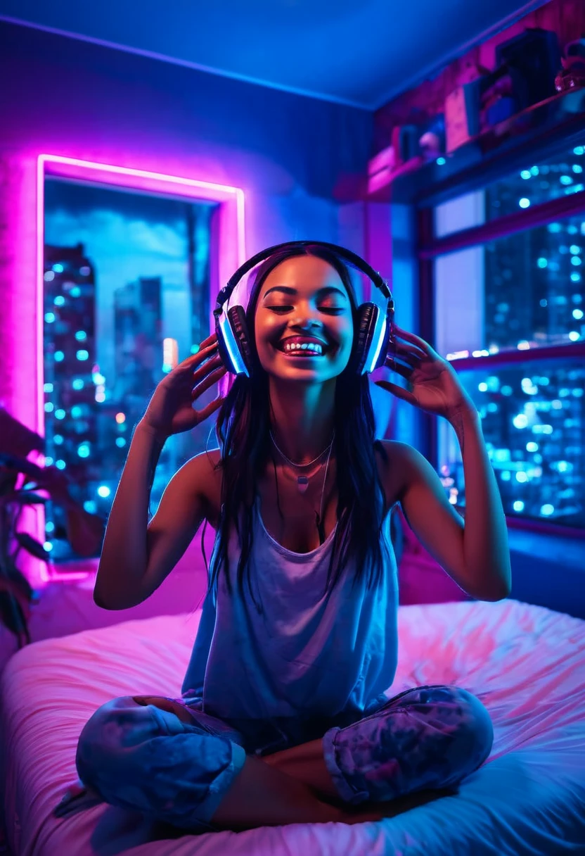 image of a beautiful girl with a beautiful smile and closed eyes sitting in the lotus position on the bed inside an apartment bedroom with pink and blue neon lights and a window that shows buildings outside, She wears headphones over her ears and is facing the window