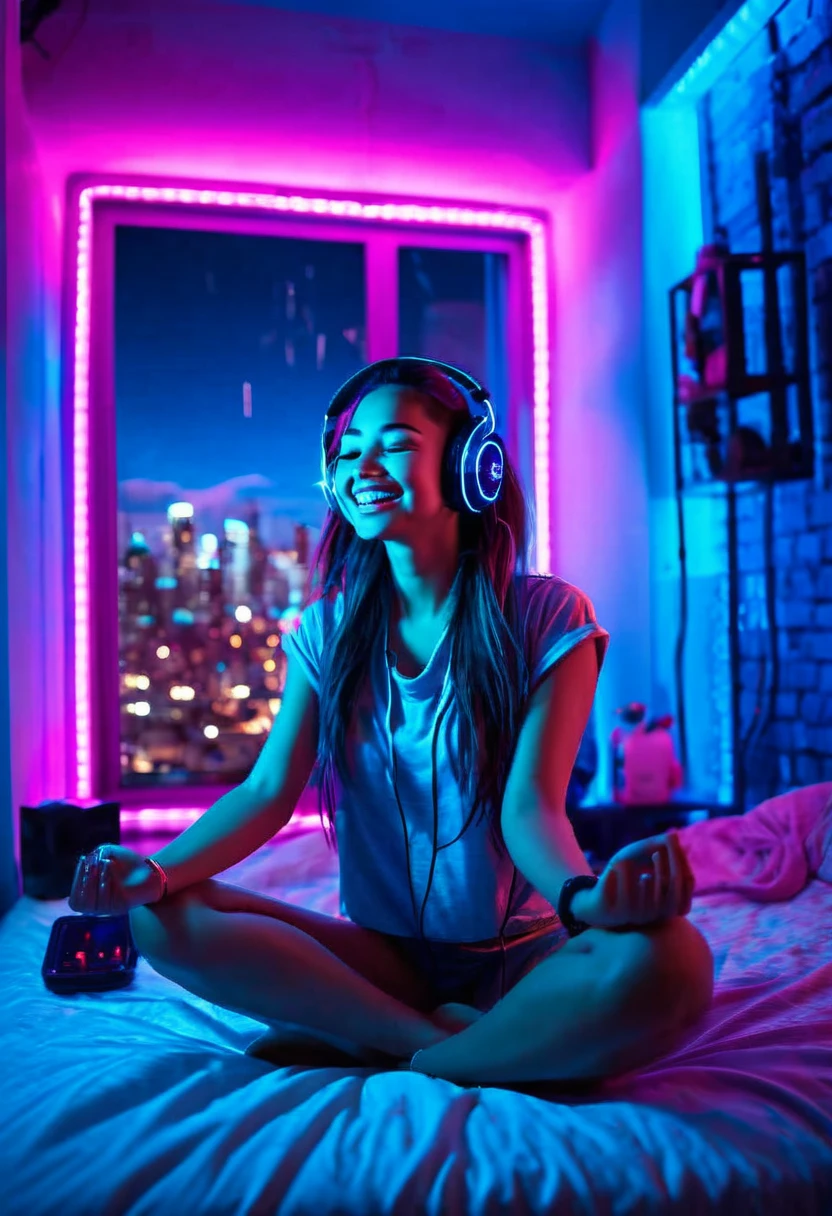 image of a beautiful girl with a beautiful smile and closed eyes sitting in the lotus position on the bed inside an apartment bedroom with pink and blue neon lights and a window that shows buildings outside, She wears headphones over her ears and is facing the window