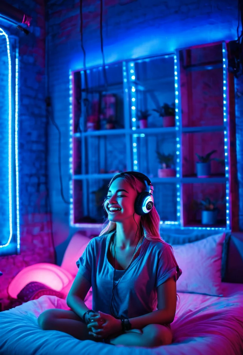 image of a beautiful girl with a beautiful smile and closed eyes sitting in the lotus position on the bed inside an apartment bedroom with pink and blue neon lights and a window that shows buildings outside, She wears headphones over her ears and is facing the window