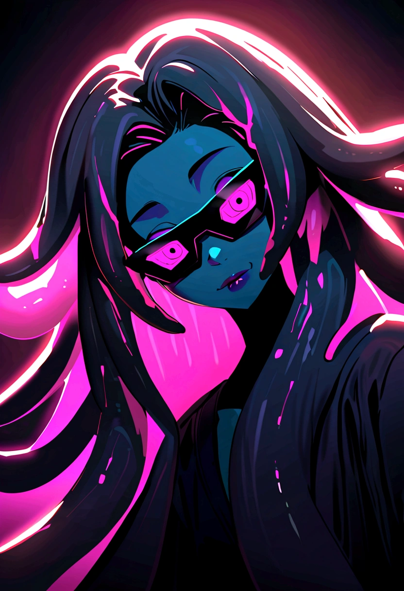 (dark biopunk art), (tentacle biopunk atmosphere), (biopunk girl), thin facial features, pale skin, pale tentacle hair, long tentacle hair, massive hair, open forehead, pale pink eyes, squared sunglasses, dark smile, (dark lighting), many shadows, cold lights, biopunk art