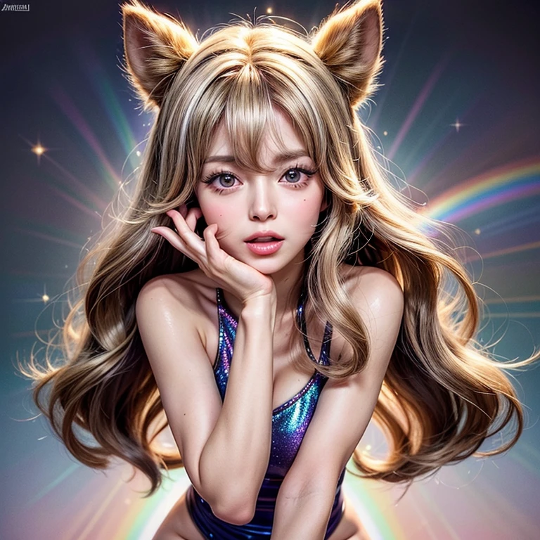 NSFW, 8k, High-level, absurd, masterpiece, best quality, primitive, very detailed CG, very detailed wallpaper, perfect lighting, Extremely detailed (((The personifying " Farrah Fawcett Majors " as a ))), MysticSight, Tyndall effect, Tyndall scattering, Studio gray background with (many Dazzling RainbowColor particles BokeH:1.28), (RoundlyButts, ThighGap), (Exposed:0.4), (Assfocus with looking ahead), BREAK (NOGIZAKA face variations) Extremely Detailed very KAWAII face variations, perfect anatomy, Childish, captivating gaze, elaborate detailed Eyes with (sparkling highlights:1.28), long eyelashes、Glossy RED Lips with beautiful details, Coquettish tongue, Rosy cheeks, Radiant PearlSkin with clear transparency . { (Dynamic LifeLike expressions:1.4) | :d) }, (large eyes:-1) .