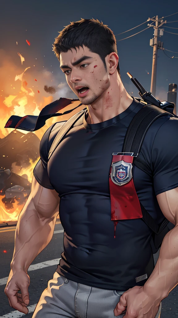 (Create a masterpiece: 1.2),(CGI art:1.3),(realistic:1.5),(After processing:1.3),(Sharp focus:1.3), (Chris Redfield), Shocked, open mouth wide, Arms beside the body, straight, front ,,(black hair), smile open mouth, (Wear color navy round neck T-shirt: 1.5), (with a Police badge: 1.2), navy cargo, black glove, (blood splatters) ,( abrasions on face: 1.2), (Blood stains on the face and body: 1.2), Korean guy , korean men, (High gloss details), chest muscles, large arm muscles, blood vessel, Big muscles, Broad shoulders, looking at the audience, Balancing the eyes, middle of the road , (Carrying a black backpack: 1.3) ,walk to camera ,(Fire blazes behind),(open mouth:1.6),(Fire blazes behind)
