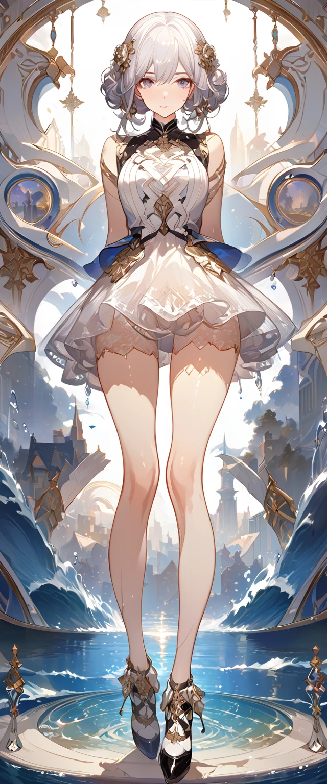 best quality ,masterpiece, illustration, an extremely delicate and beautiful, extremely detailed ,CG ,unity ,8k wallpaper, Amazing, finely detail, masterpiece, best quality, official art, extremely detailed CG unity 8k wallpaper, solo, thigh focus, (full body), arms behind back, white background, finely detailed face and eyes, extreme detail, detailed face, detailed hair, detailed clothes, high quality, slim body, water, masterpiece:1.3, focus:1.2, skirt, short skirt, transparent skirt, lace skirt, all kind of pose, big , hair ornament, meticulous clothes inspired by Asukaziye artist : ask, art style : ask