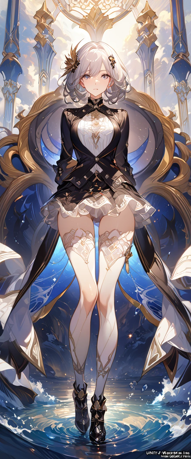 best quality ,masterpiece, illustration, an extremely delicate and beautiful, extremely detailed ,CG ,unity ,8k wallpaper, Amazing, finely detail, masterpiece, best quality, official art, extremely detailed CG unity 8k wallpaper, solo, thigh focus, (full body), arms behind back, white background, finely detailed face and eyes, extreme detail, detailed face, detailed hair, detailed clothes, high quality, slim body, water, masterpiece:1.3, focus:1.2, skirt, short skirt, transparent skirt, lace skirt, all kind of pose, big , hair ornament, meticulous clothes inspired by Asukaziye artist : ask, art style : ask