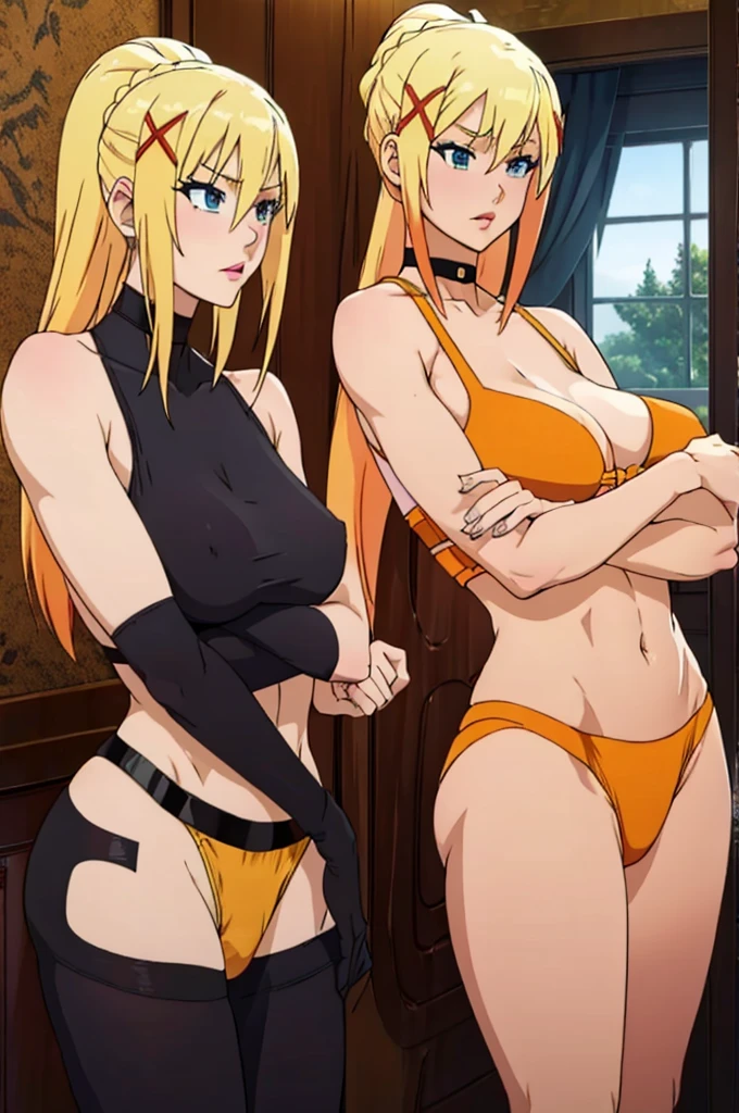 Lalatina Dustiness Ford, hot horny and sexy blonde muscle girl, athletic female body, yellow-orange bra and panties, stockings, choker