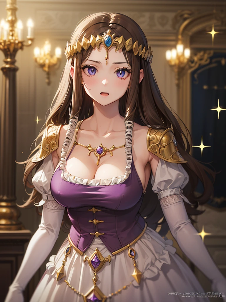 ((Purple blouse)),((close up of face)),((Dark brown hair)),Anime art style,masterpiece,(Highest quality), ((Scared)),(Very detailed),(Very delicate and beautiful),(alone),,(Detailed face and eyes),Beautiful eyes like jewels,(A truly gorgeous jeweled ruffled rococo ball gown dress),(((Mature Woman,Queen)))),((crinoline)),Absolutely gorgeous highly detailed rococo ball gown dress with ruffled voluminous full length hoop skirt,((Long Straight Hair)),(),Cleavage,length_gloves,Very gorgeous hair accessory、,((Gorgeous Glitter Jewelry)),