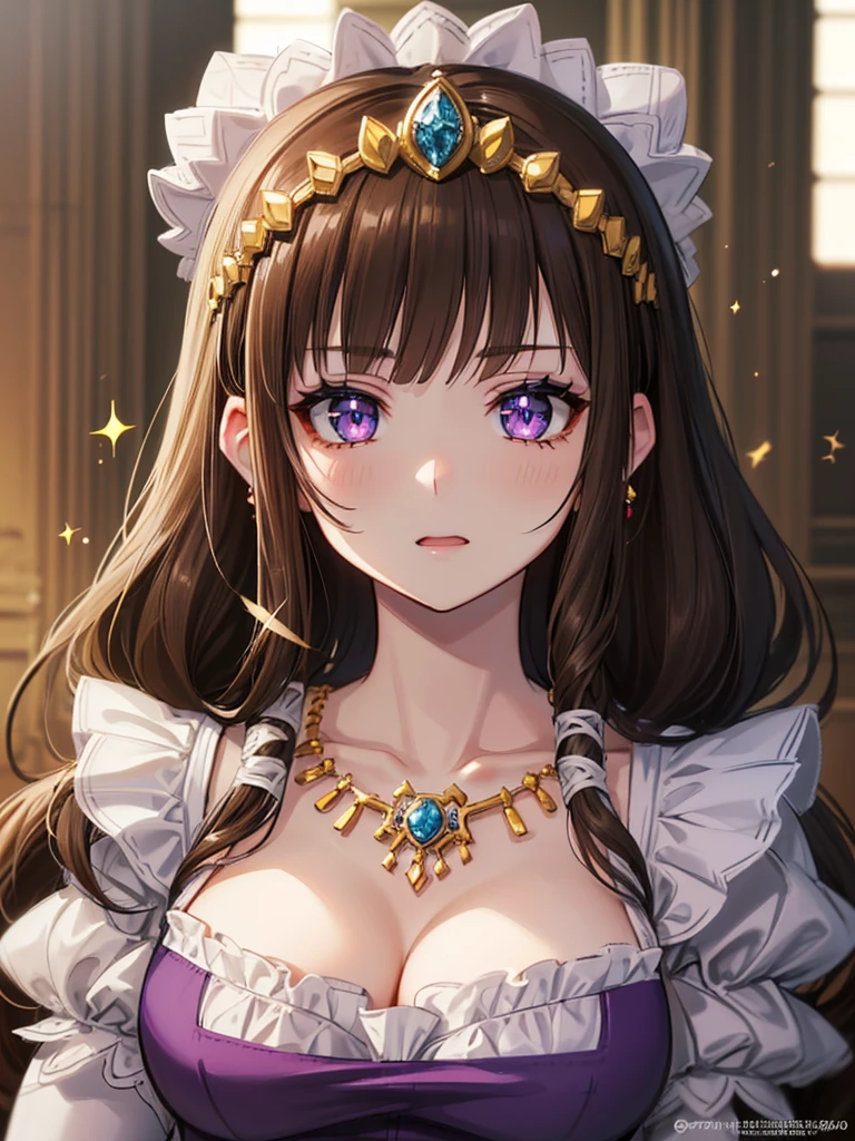 ((Purple blouse)),((close up of face)),((Dark brown hair)),Anime art style,masterpiece,(Highest quality), ((Scared)),(Very detailed),(Very delicate and beautiful),(alone),,(Detailed face and eyes),Beautiful eyes like jewels,(A truly gorgeous jeweled ruffled rococo ball gown dress),(((Mature Woman,Queen)))),((crinoline)),Absolutely gorgeous highly detailed rococo ball gown dress with ruffled voluminous full length hoop skirt,((Long Straight Hair)),(),Cleavage,length_gloves,Very gorgeous hair accessory、,((Gorgeous Glitter Jewelry)),