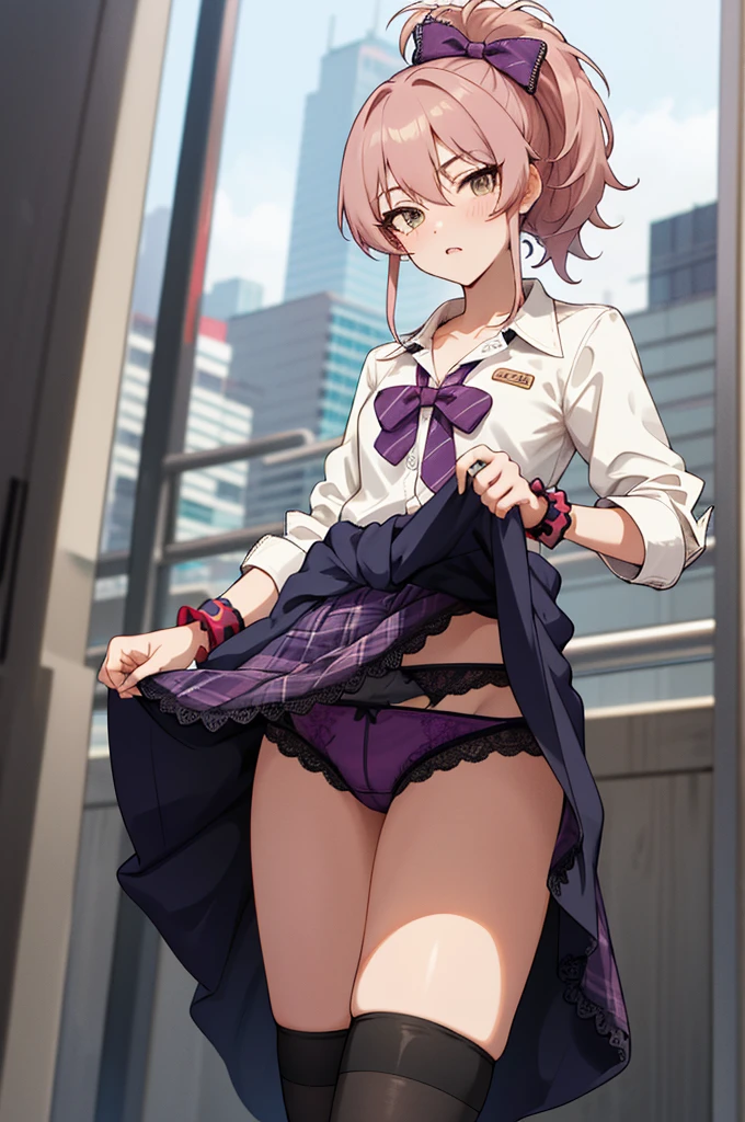 masterpiece, best quality, highres, aamika, ponytail, hair bow, collarbone, ,, bowtie, collared shirt, white shirt, sleeves rolled up, wrist scrunchie,, clothes around waist, plaid skirt, purple skirt, standing, cowboy shot, outdoors,(((lift skirt,black lace panties,))),looking viewer,thighhighs