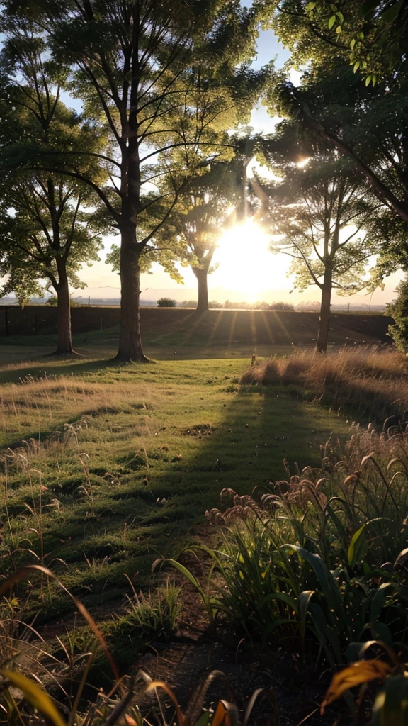 a camra shot of morning sun , from into the yellow grass 