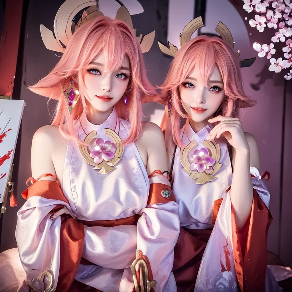 K-Pop Idols, yae miko, Removable sleeves, Bare shoulders, Pink Hair, Long Hair, kimono, Highest quality, (Painting:1.5), (hair ornaments:1.35), jewelry, Purple eyes, Earrings, chest, torii, cherry blossoms, Lantern Light, Depth of field Face focus, ribbon_trim, (View your viewers:1.25), Non-traditional Shrine Maiden, Shiny skin, Long sleeve, smile, Thick lips, Put your hand on your lips, East Asian architecture, (Blurred Background:1.2), Sitting, Upper Body,((Ultra-high resolution, 8k, RAW Photos, Highest quality, masterpiece:1.47746,Realistic:1.4, photo-Realistic:1.4,Cinema Lighting:1,Intricate details:1,RAW Photos:1))(((Super detailed:1.47746))),Professional Lighting,((Physically Based Rendering:1)), ((unreddish skin:1,Sweat))Lens flare,Ray Tracing ,(Highly detailed face, Beautiful attention to detail,Expressive hair:1.5,Shiny Hair;1)Cinema Lighting,(Vivid expression) (body muscle:1) alone(One girl:1.5)((smile:1),(Plump figure:1,Balanced body:1)(Realistic hand,Realistic clothes)