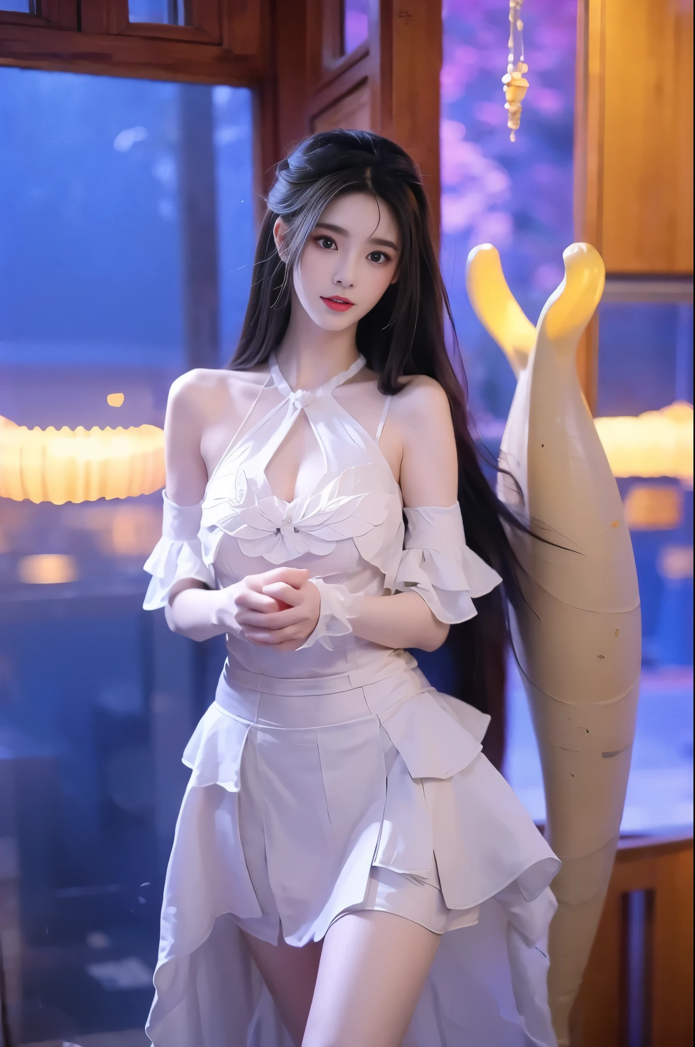 Beauty, beautiful女人，Have a perfect body：1.4，Layered Hairstyle，((Large Breasts)), ((D cup)), Visible cleavage，Bare shoulders, Highly detailed face and skin texture，Double eyelids，Skin Whitening，Long hair，Whitening long legs，Standing by the sea, Fashion Girl, Red lips, Sweet Girl, beautiful妆容, detail, lifelike, Very detailed, Astonishing, beautiful, Young and energetic, high quality，HD, Colorful，Beautifully, Smooth skin, The skirt is very short, Lifting the skirt with hands, Elegant and charming gesture, Official Art, Extremely detailed, Movie atmosphere, Soft colors, Natural skin texture,